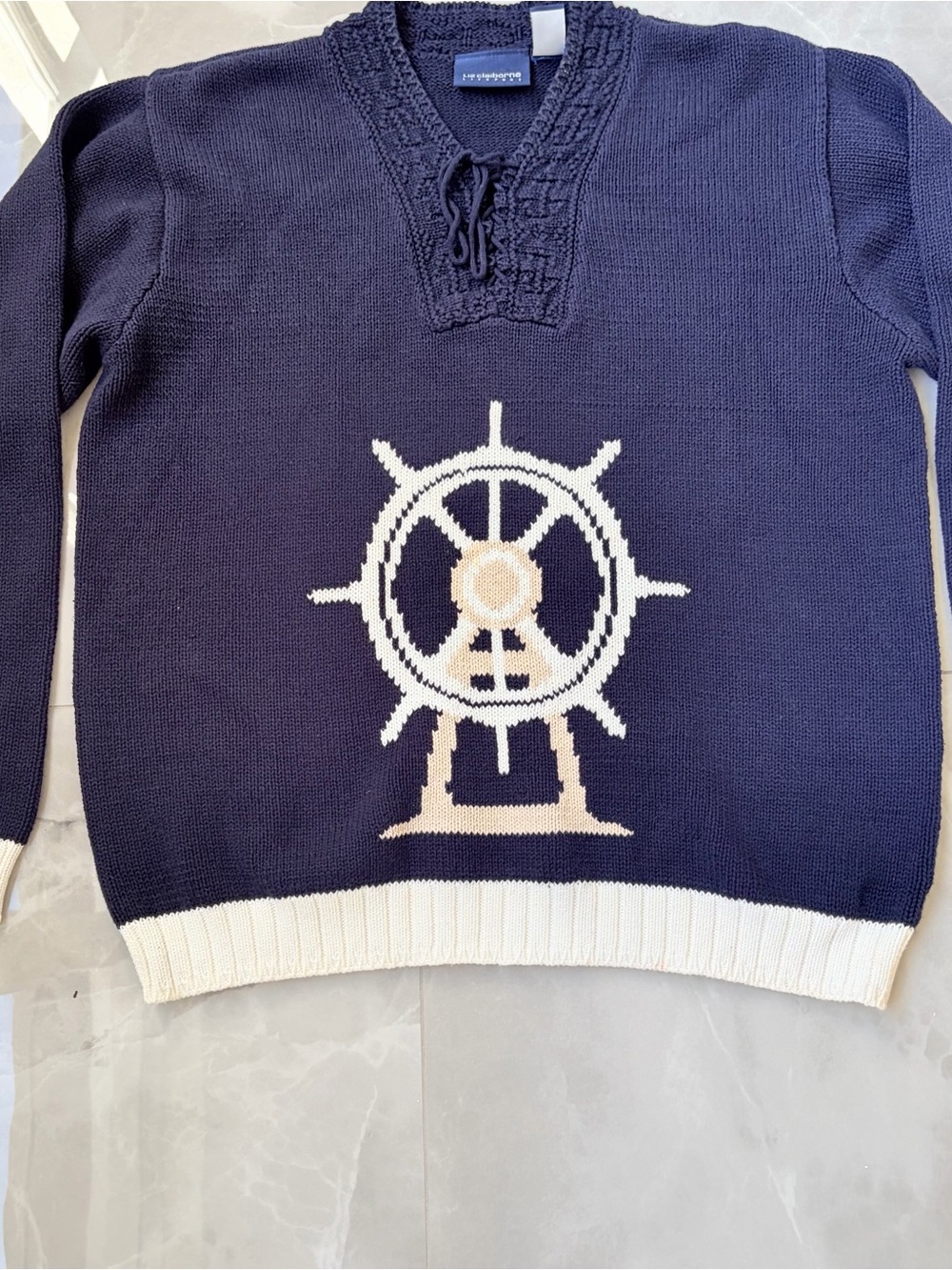 Vtg Liz Claiborne Sport Nautical Yacht Sailing Ship Wheel Knit Sweater Medium - Picture 2 of 6